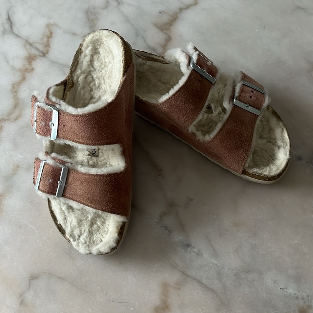 Birkenstock Arizona Shearling Suede Leather Pink Clay Double Strap Sandals 7US - Picture 15 of 17